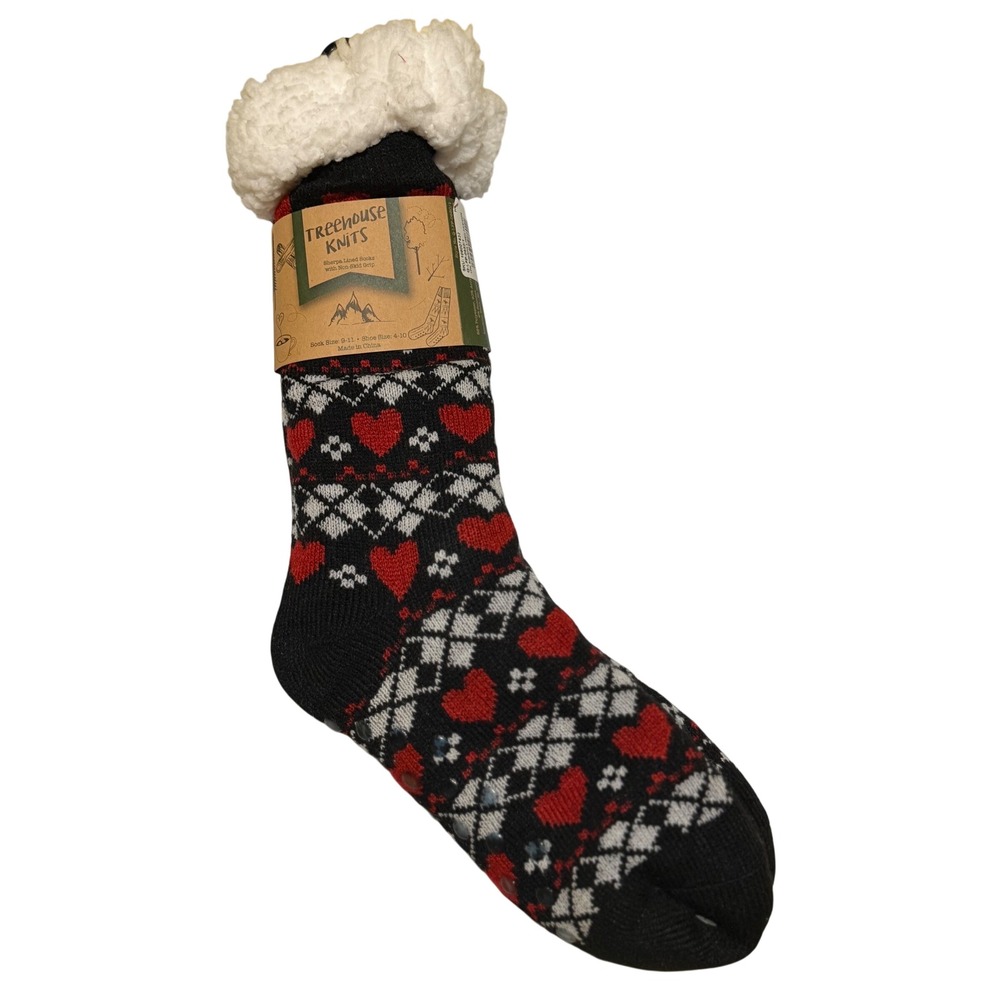 Treehouse Knits Slipper Socks Black Red Heart Fair Isle Sherpa Lined Women 9-11